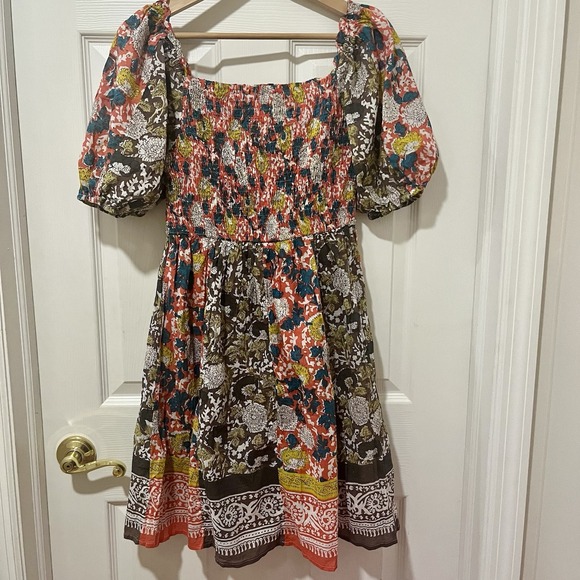 Velve by Graham and Spencer Dresses & Skirts - Velve by Graham & Spencer Peasant Dress XS India Floral Puff Sleeve Smocked Boho